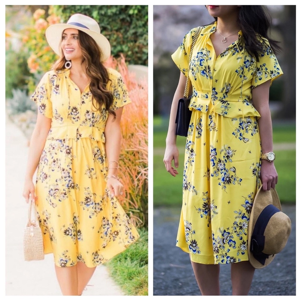 Ann Taylor Yellow and Blue Floral Lined Midi Dress, Women’s Sz 6